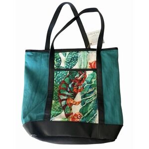 NWT Cott N Curls Gecko Medium Canvas Tote Chameleon Cacti Pockets Beach Artsy
